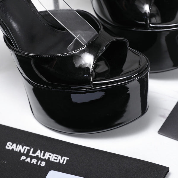 YSL Kika Platform Sandals Stiletto Heel Black Patent Leather 961645