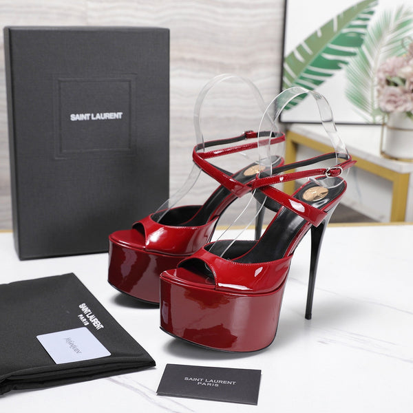 YSL Kika Platform Sandals Stiletto Heel Red Patent Leather 961644