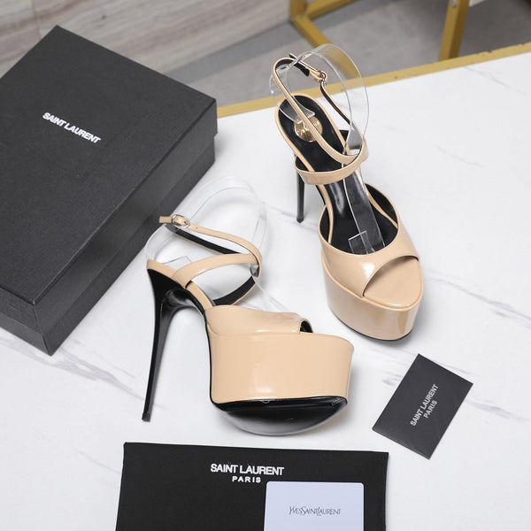 YSL Kika Platform Sandals Stiletto Heel Beige Patent Leather 961641