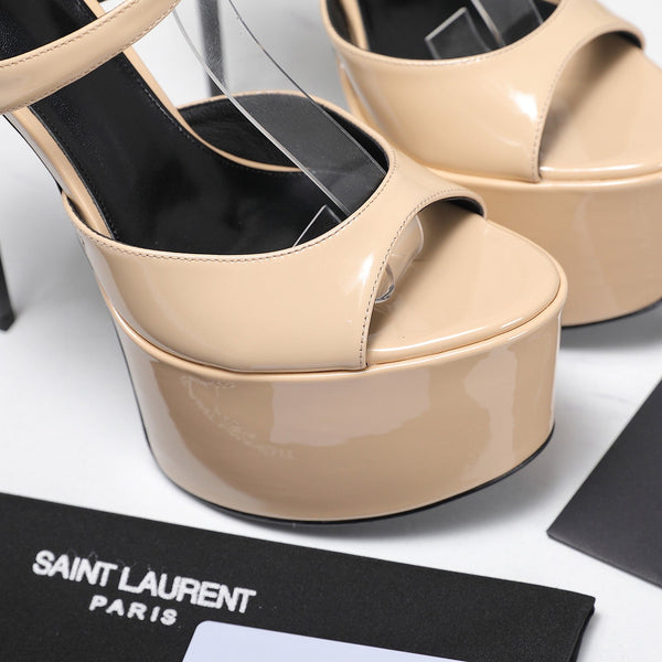 YSL Kika Platform Sandals Stiletto Heel Beige Patent Leather 961641