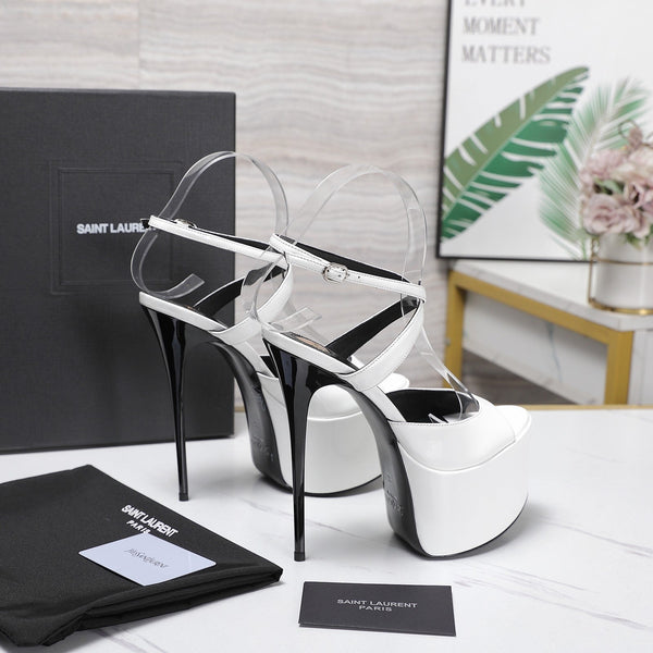 YSL Kika Platform Sandals Stiletto Heel White Patent Leather 961640
