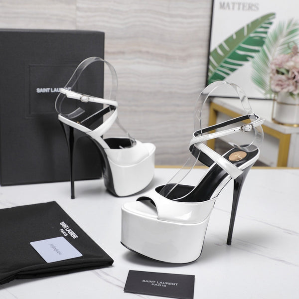 YSL Kika Platform Sandals Stiletto Heel White Patent Leather 961640
