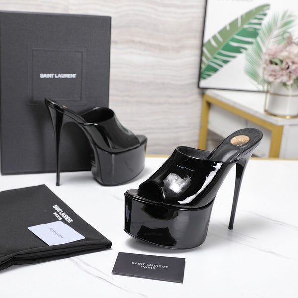 YSL Platform Mules Stiletto Heel Black Patent Leather 961639