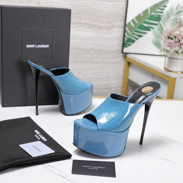 YSL Platform Mules Stiletto Heel Blue Patent Leather 961637