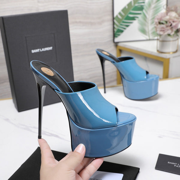 YSL Platform Mules Stiletto Heel Blue Patent Leather 961637