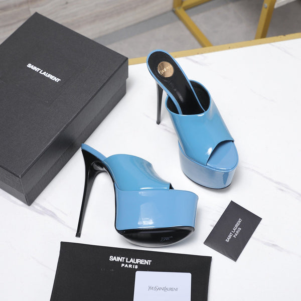 YSL Platform Mules Stiletto Heel Blue Patent Leather 961637