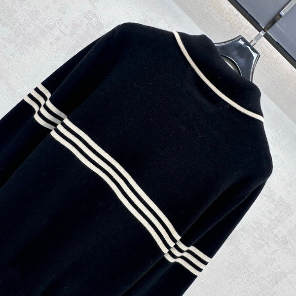 Miu Knit Polo Sweater White Stripes Black Wool 418690