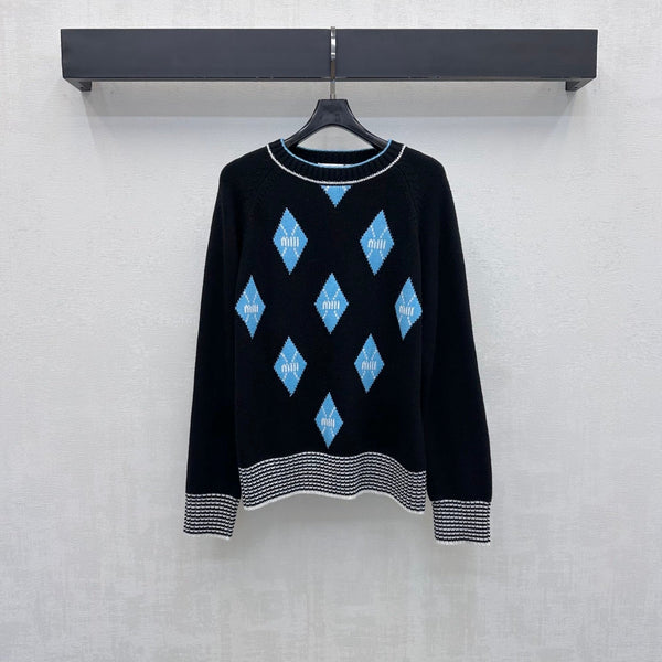 Miu Knit Sweater Blue Diamond Argyle Black Wool 418667