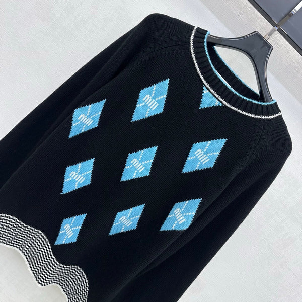 Miu Knit Sweater Blue Diamond Argyle Black Wool 418667
