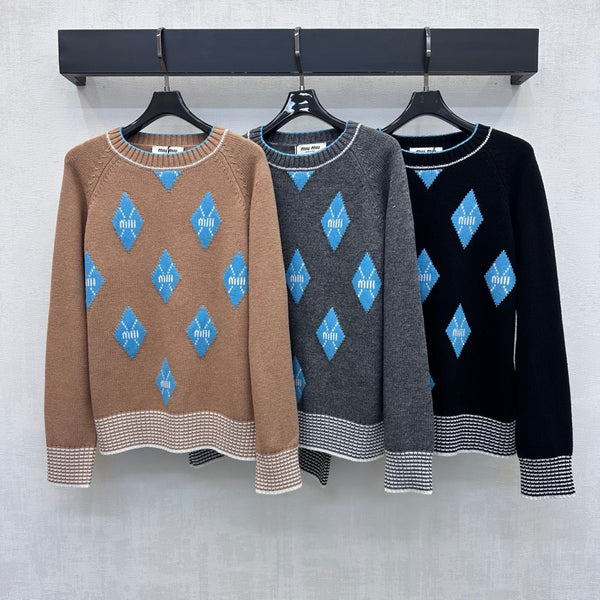 Miu Knit Sweater Blue Diamond Argyle Black Wool 418667