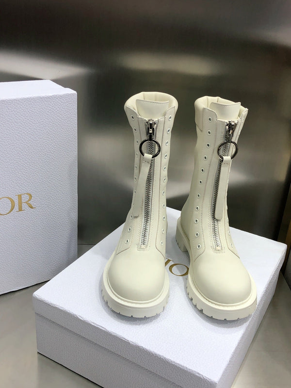 CD Combat Boots Mid-Calf Front Zipper Milk White Leather 965382