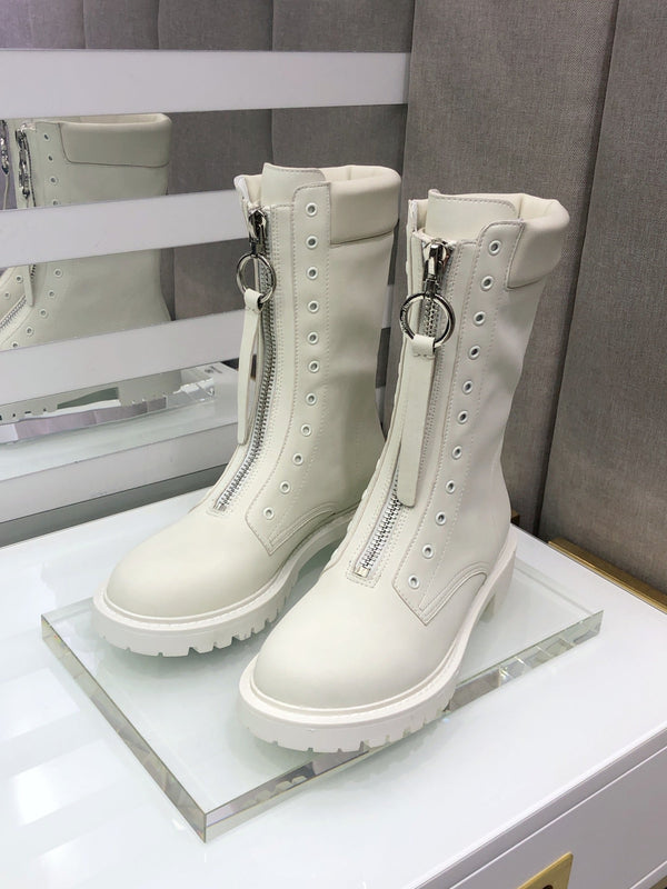 CD Combat Boots Mid-Calf Front Zipper Milk White Leather 965382