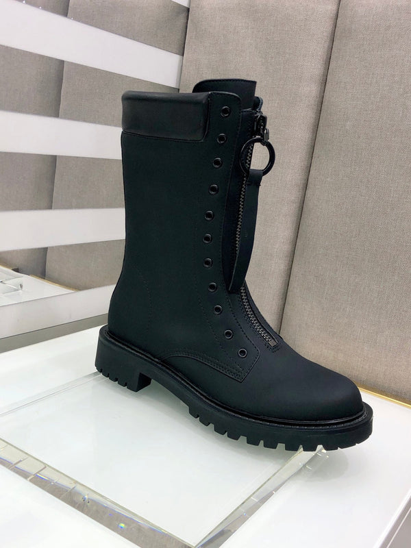 CD Combat Boots Mid-Calf Front Zipper Black Leather 965381