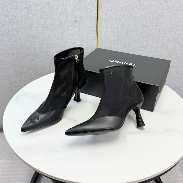 CC 26s Pointed-Toe Stiletto Ankle Boots Black Sheepskin Mesh 972790