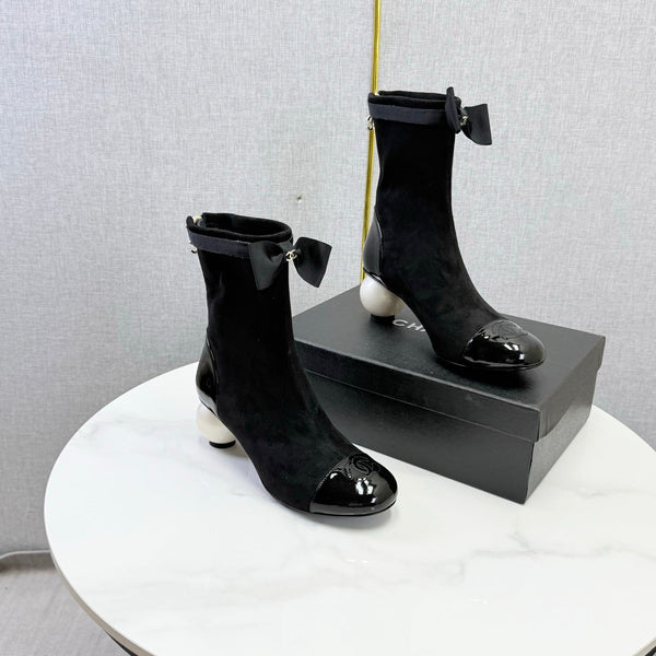 CC Mid-Calf Boots Pearl Ball Heel Bow Black Suede Leather 972797
