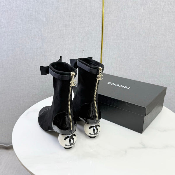 CC Mid-Calf Boots Pearl Ball Heel Bow Black Suede Leather 972797