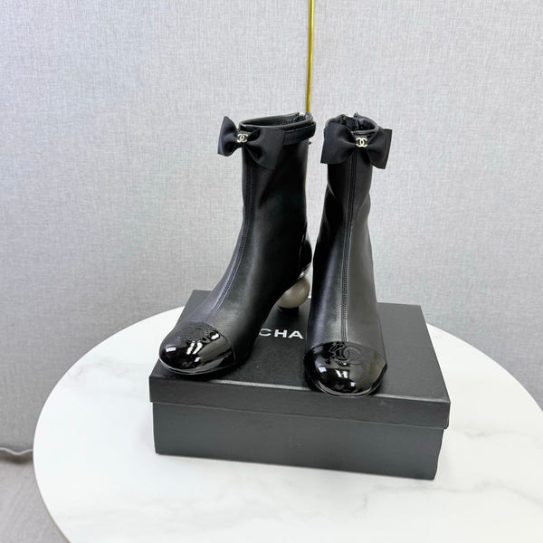 CC Mid-Calf Boots Pearl Ball Heel Bow Black Leather 972798