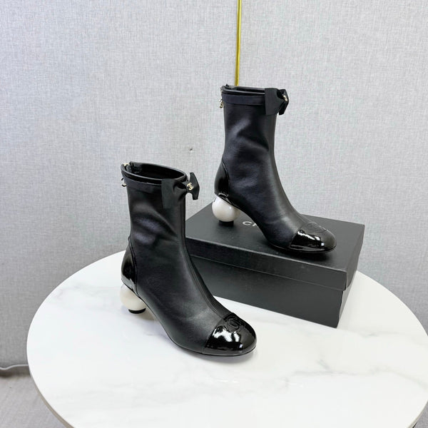 CC Mid-Calf Boots Pearl Ball Heel Bow Black Leather 972798