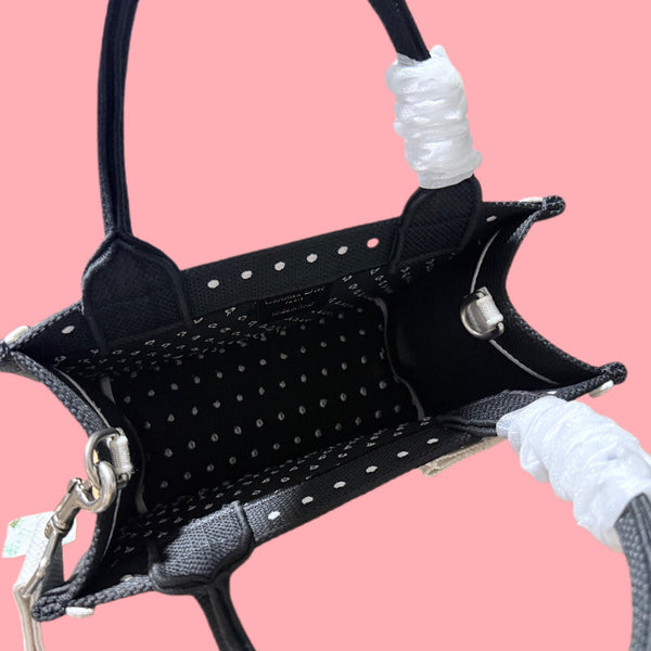 CD Book Tote With Strap PolkaDior Embroidery Black White Canvas 164637