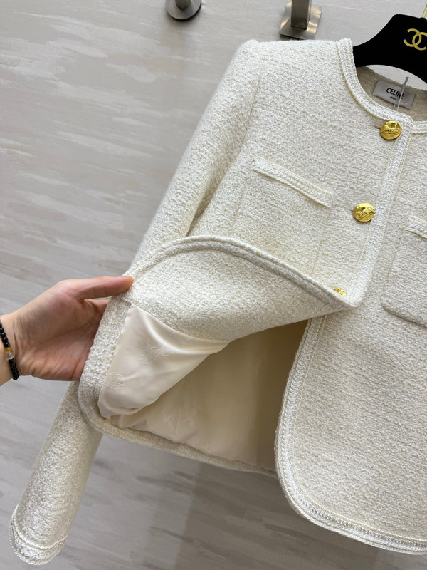 CE Short Bouclé Tweed Jackets Gold Buttons Dual Patch Pockets 430352