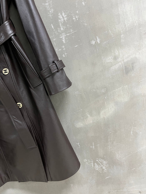CC Double-breasted Trench Coat With Belt Dark Brown Calfskin