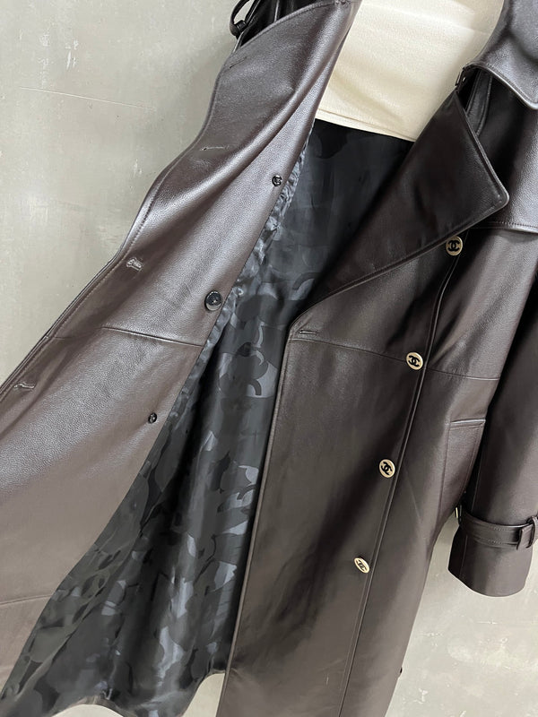 CC Double-breasted Trench Coat With Belt Dark Brown Calfskin