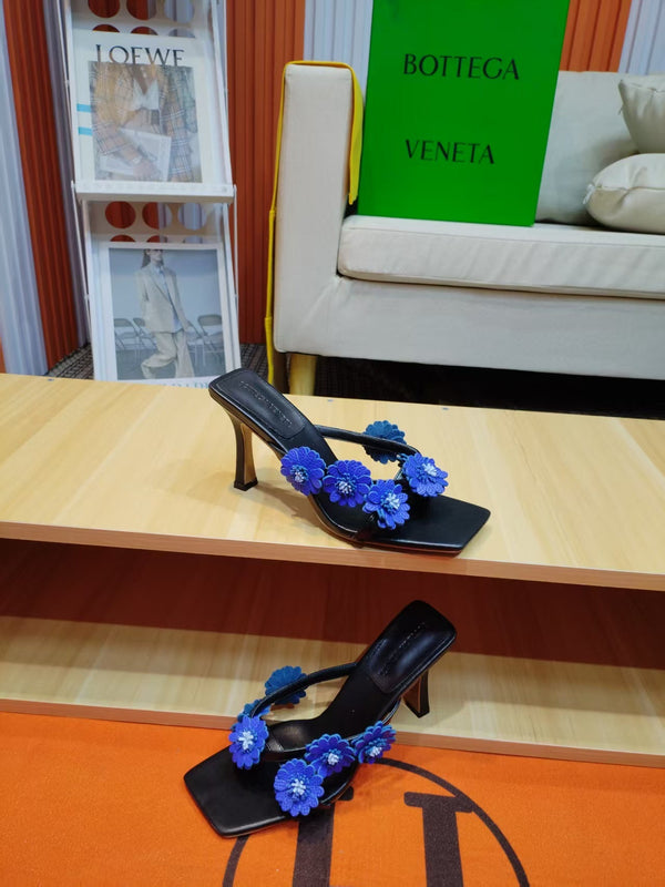 BV Riva Thong Floral Sandals 9CM Blue Black Leather 139867