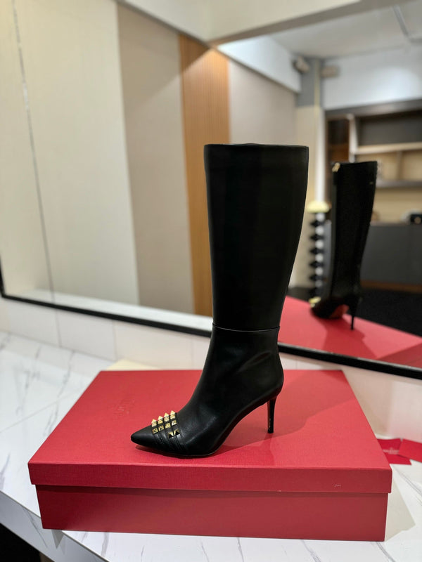 VLTN Garavani 26W Rockstud High-Top Boots 8cm Stiletto Black Leather 145162