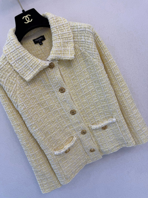 CC 26S Tweed Jacket Classic Collar Button Closure Flap Pockets Yellow Cotton 433640