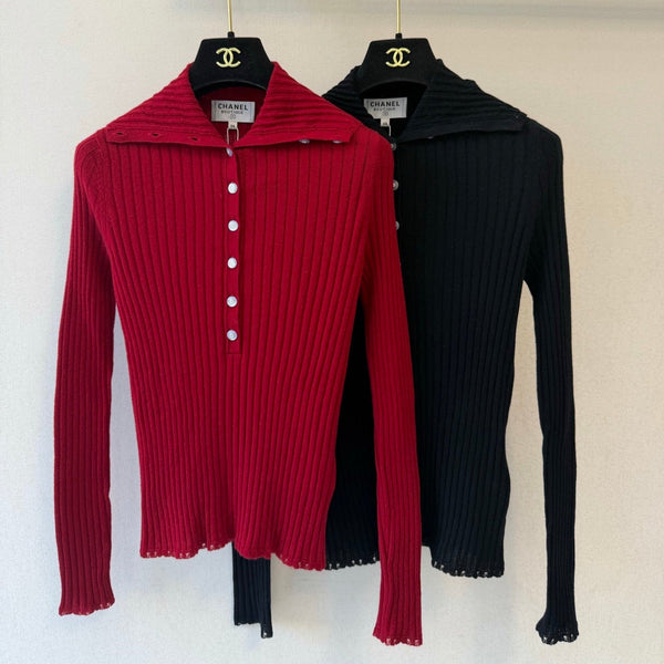CC 26S Ribbed Knit Top Fold-Over Collar Button Placket Cashmere 433649