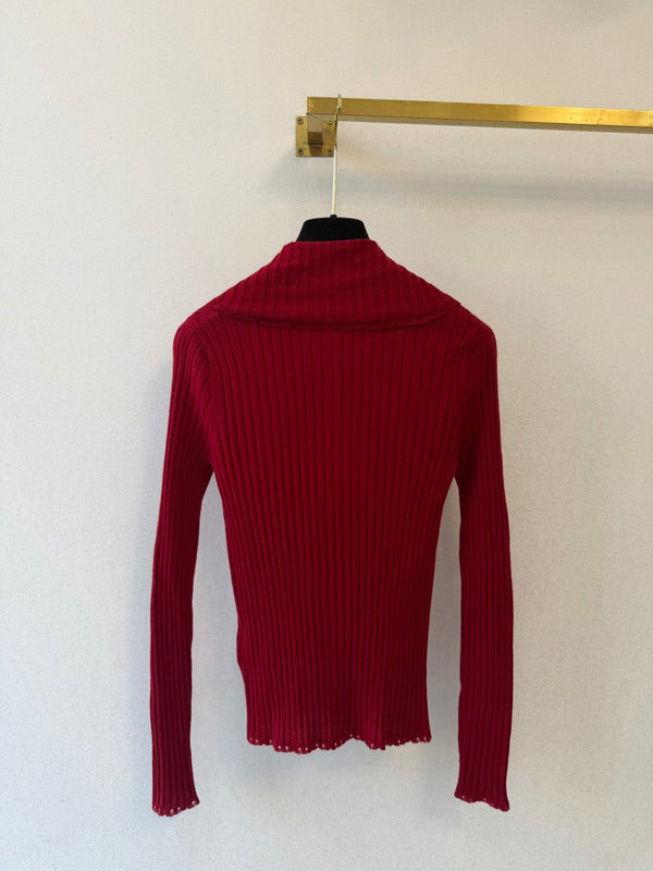 CC 26S Ribbed Knit Top Fold-Over Collar Button Placket Cashmere 433649