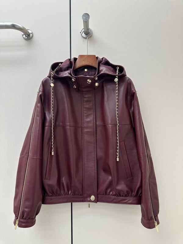 CC 26K Hooded Leather Jacket Gold Chain Drawstrings 435105