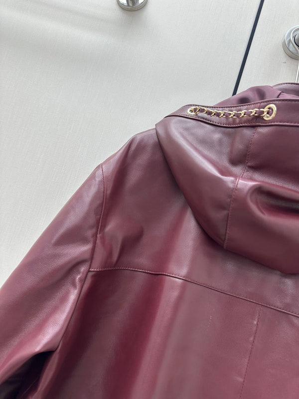 CC 26K Hooded Leather Jacket Gold Chain Drawstrings 435105