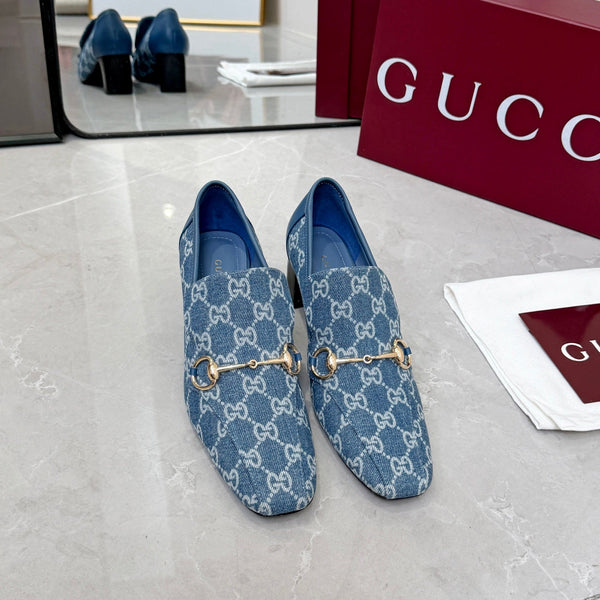 GG 26S Horsebit Loafers 6cm Block Heel Denim Fabric 157237
