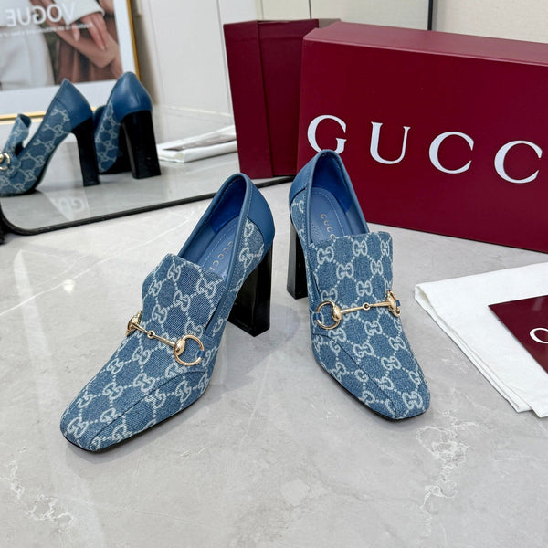 GG 26S Horsebit Loafers 10cm Block Heel Denim Fabric 157228