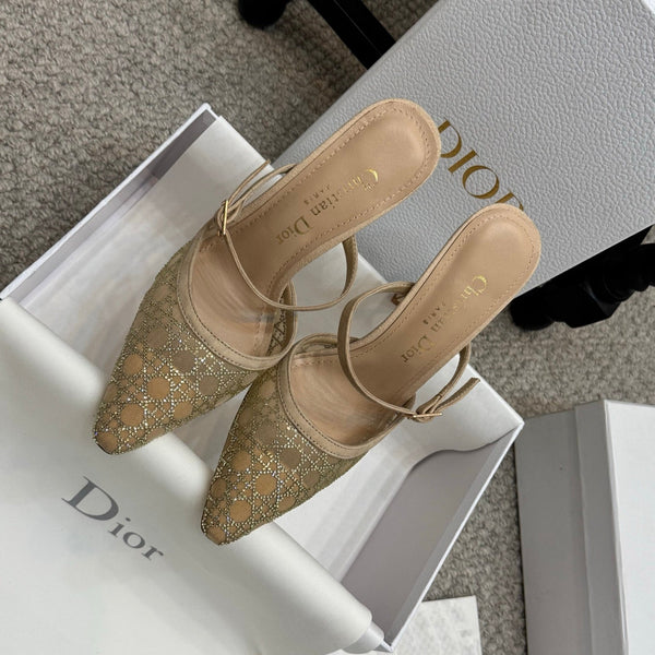 CD Rhinestone 10cm Slingback Sandals Imported Mesh 157555