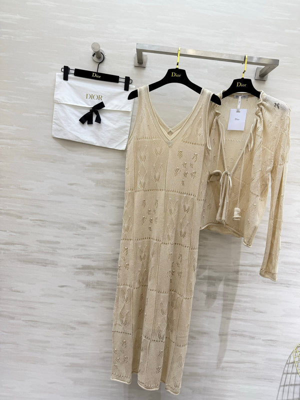 CD 26S Open-Knit Cardigan & V-Neck Slip Dress Set 437215