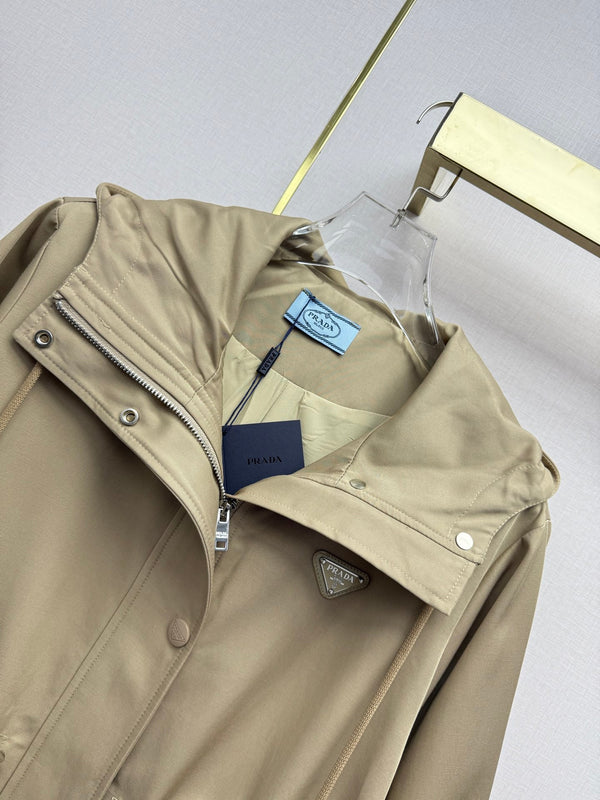 Prad 26SS Hooded Long Trench Coat Triangle Logo Drawstring Waist Cotton 437675