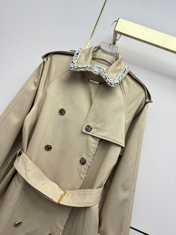 CC 26SS Long Trench Coat Tweed Lace Trim Double-Breasted Beige Cotton 437483