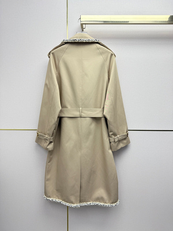 CC 26SS Long Trench Coat Tweed Lace Trim Double-Breasted Beige Cotton 437483
