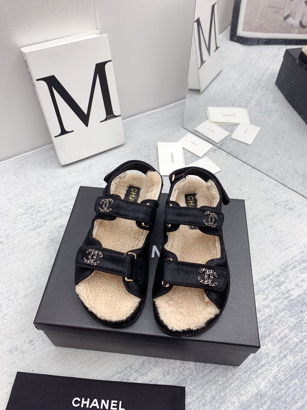 CC 26FW Shearling Sandals Triple Straps Pony Hair 161805