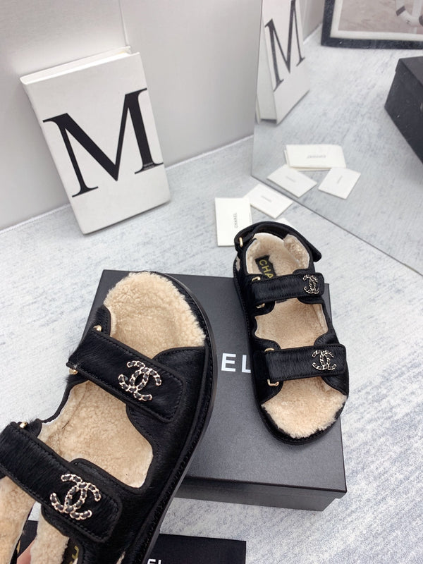 CC 26FW Shearling Sandals Triple Straps Pony Hair 161805