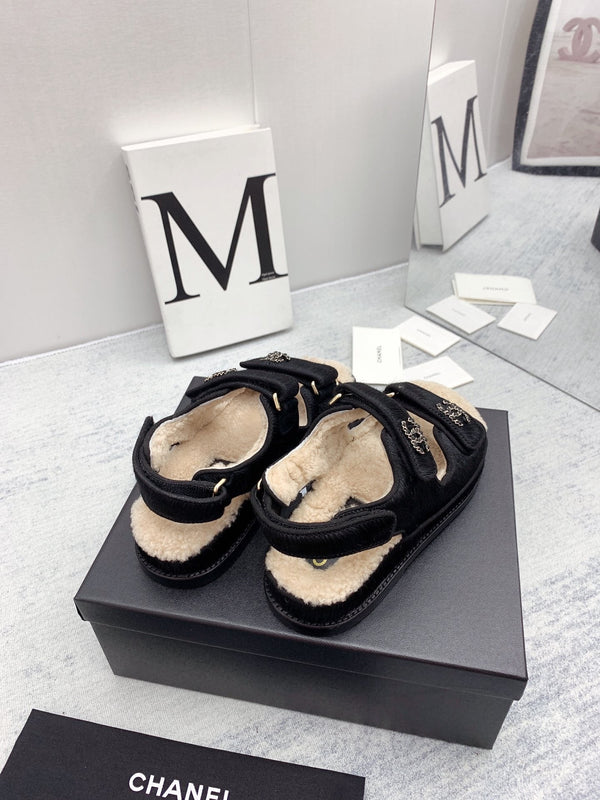 CC 26FW Shearling Sandals Triple Straps Pony Hair 161805