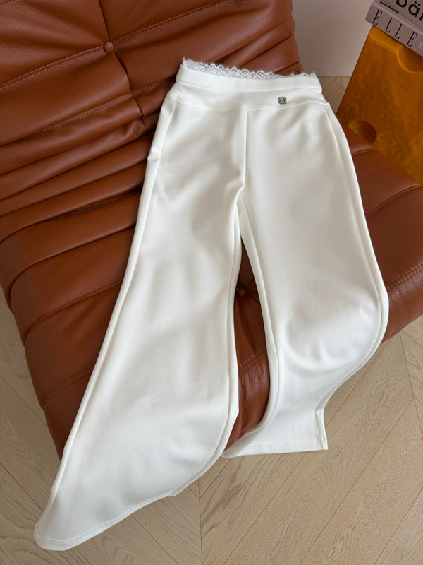 CC 26AW Lace-Trim High-Waist Flared Pants Double C Pattern Stretch Fabric 438394