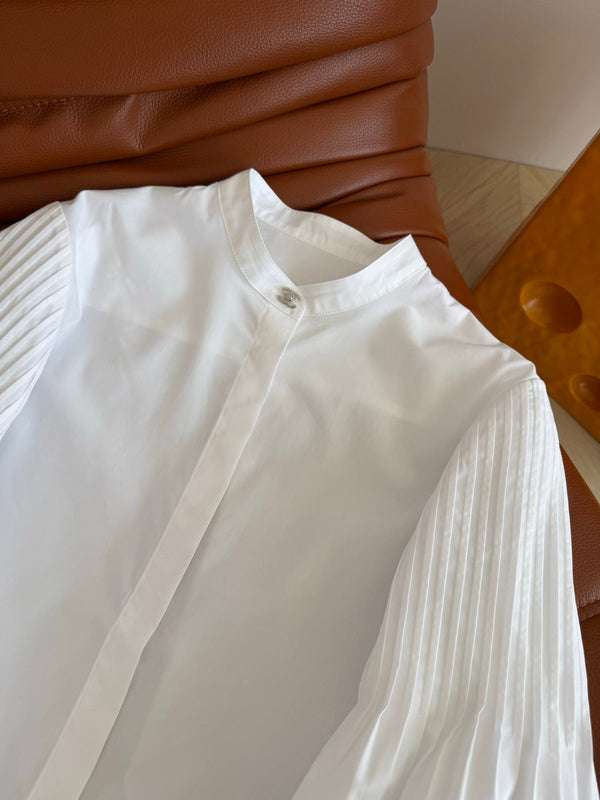 CC 26AW Double C Pleated Balloon-Sleeve Shirt Silver-Tone Button White 438409
