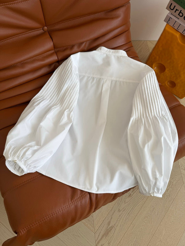 CC 26AW Double C Pleated Balloon-Sleeve Shirt Silver-Tone Button White 438409