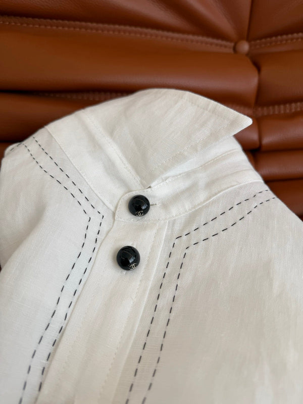 CC 26FW Drawstring Waist Shirt Contrast Stitching Double C Black Buttons White Cotton 438583