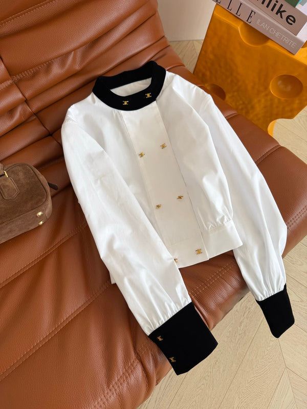 CC 26FW Triomphe Double-Breasted Velvet-Trim Shirt White 438607