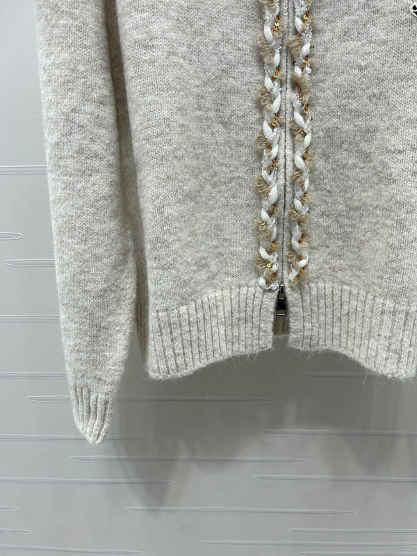 CC 26FW Textured-Trim Zip-Up Sweater CC Logo Cashmere 274028