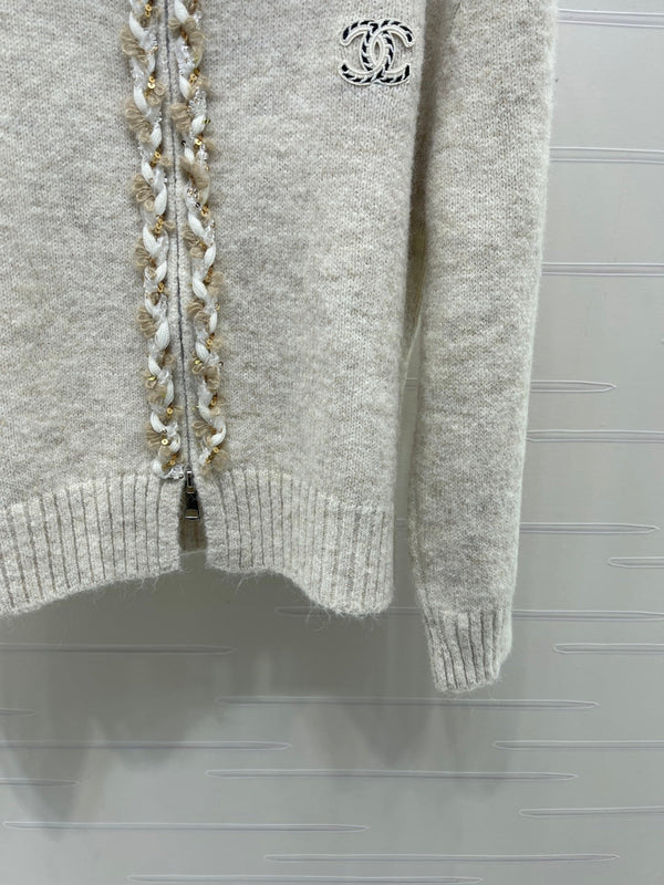 CC 26FW Textured-Trim Zip-Up Sweater CC Logo Cashmere 274028